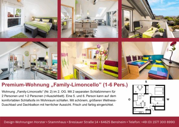 Unsere Design-Wohnung "Family Limoncello" mit privaten Dachbalkon und 2 separaten Schlafzimmern
