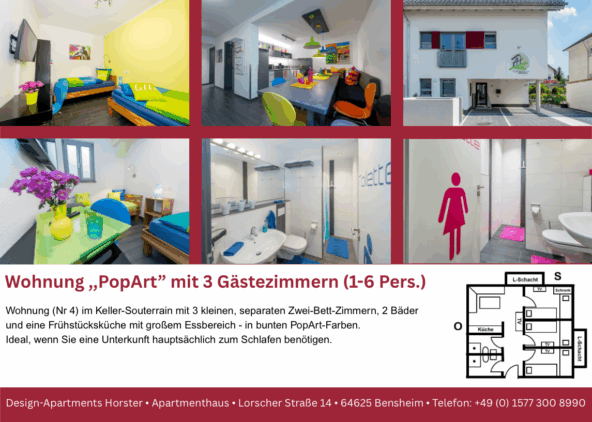 Wohnung "PopArt" mit 3 Gästezimmern, 2 Bädern und Frühstücksküche
