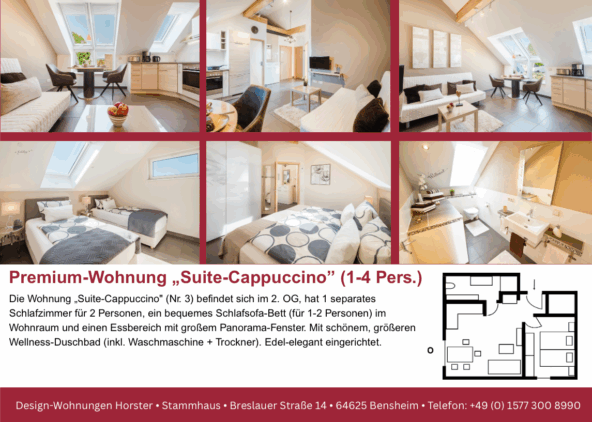 Unsere kuschelige "Suite Cappuccino" mit separatem Schlafzimmer für 1-3 Personen